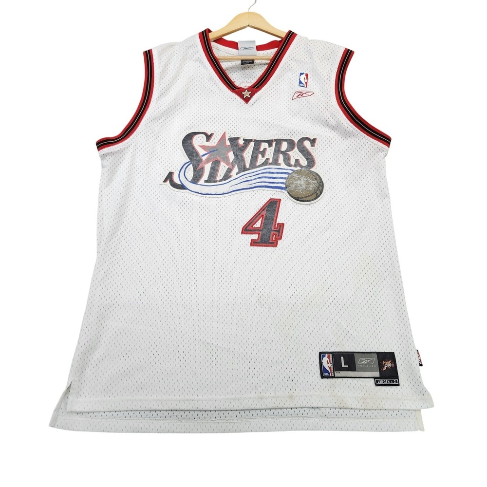 PHILADELPHIA 76ERS REEBOK MENS L WHITE NBA BASKETBALL JERSEY WEBBER 4 EUC